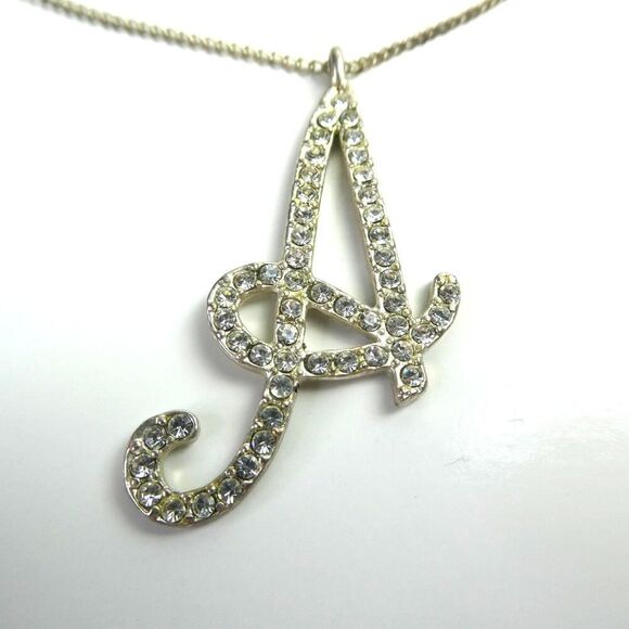 Jewelry - A Letter Alphabet Rhinestone Cursive Initial Name Silver Tone Pendant Necklace